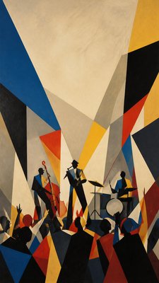 a live music scene with a glowing stage and silhouetted crowd, energetic vertical composition with open space at the top, no text