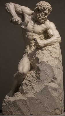ancient greek Polycritus carving himself free from a block of stone