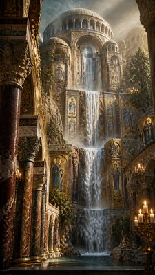 towering waterfall cascading down a cliff