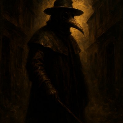 "A solitary and ominous Black Plague Doctor stands in a dimly lit, narrow cobblestone alleyway in a medieval European city. The doctor is clad head-to-toe in their iconic, dark, heavy protective gear: a long, oil-soaked waxed canvas or leather coat, dark gloves, and a wide-brimmed black hat. Their most striking feature, the beaked mask with dark, glass eyeholes, is prominent, creating an eerie, bird-like silhouette that conceals their face entirely. A wooden cane or pointer is held firmly in one gloved hand.

The atmosphere is heavy and foreboding. The background features dark, crumbling stone or timber-framed buildings with shuttered windows, hinting at a city under quarantine. Smoke or mist might subtly swirl around their feet. The lighting is stark and dramatic, perhaps from a distant lantern or a sliver of pale moonlight, casting deep shadows and highlighting the grim details of their attire. The overall mood is one of profound isolation, historical dread, and silent vigilance against an invisible enemy."