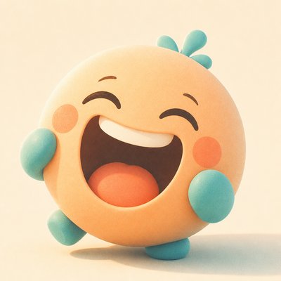 an exaggerated laughing face of an original round mascot character, bold and readable at small size, plain background, no text