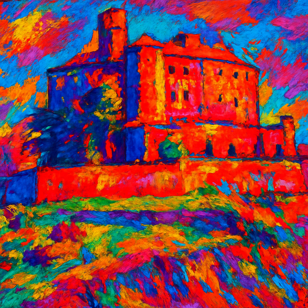 a painting of a red building on a hill