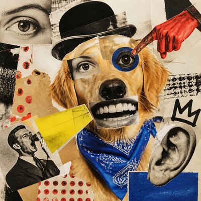 portrait of a golden retriever wearing a blue bandana, warm plain backdrop, no text