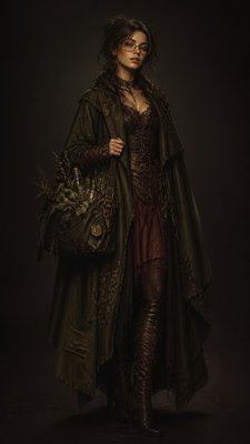 full-body original character: a wandering botanist with a satchel of plants, a patched green cloak, tall boots and round glasses, neutral background