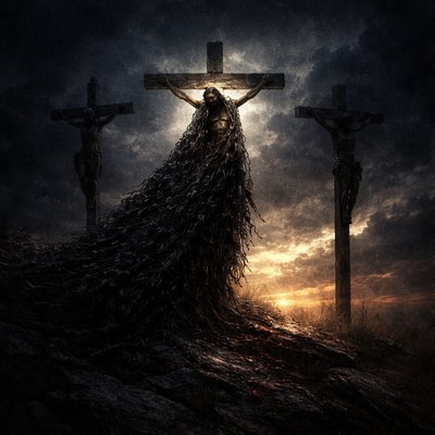 A visceral, raw, and highly texturally detailed conceptual artwork. In the center, three crude wooden crosses are silhouetted against a dark, stormy, indigo sky. The central figure, Christ, is "numbered" among two criminals, but his face is bathed in a faint, unseen celestial glow that the others lack. A massive, heavy, shadowy cloak, made of thousands of tiny, interwoven dark figures and faces (representing "the sin of many"), is visibly draped over his shoulders, weighing him down. Below the crosses, the stormy sky is breaking, revealing a sliver of intense golden dawn, hinting at the "portion with the great" yet to come. Symbolic, poignant, high contrast.“Therefore will I divide him a portion with the great, and he shall divide the spoil with the strong; because he hath poured out his soul unto death: and he was numbered with the transgressors; and he bare the sin of many, and made intercession for the transgressors.” (Isaiah 53:12, KJV)
