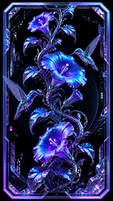 a climbing vine of flowers and hummingbirds on a dark background, tall wrapping composition, no text