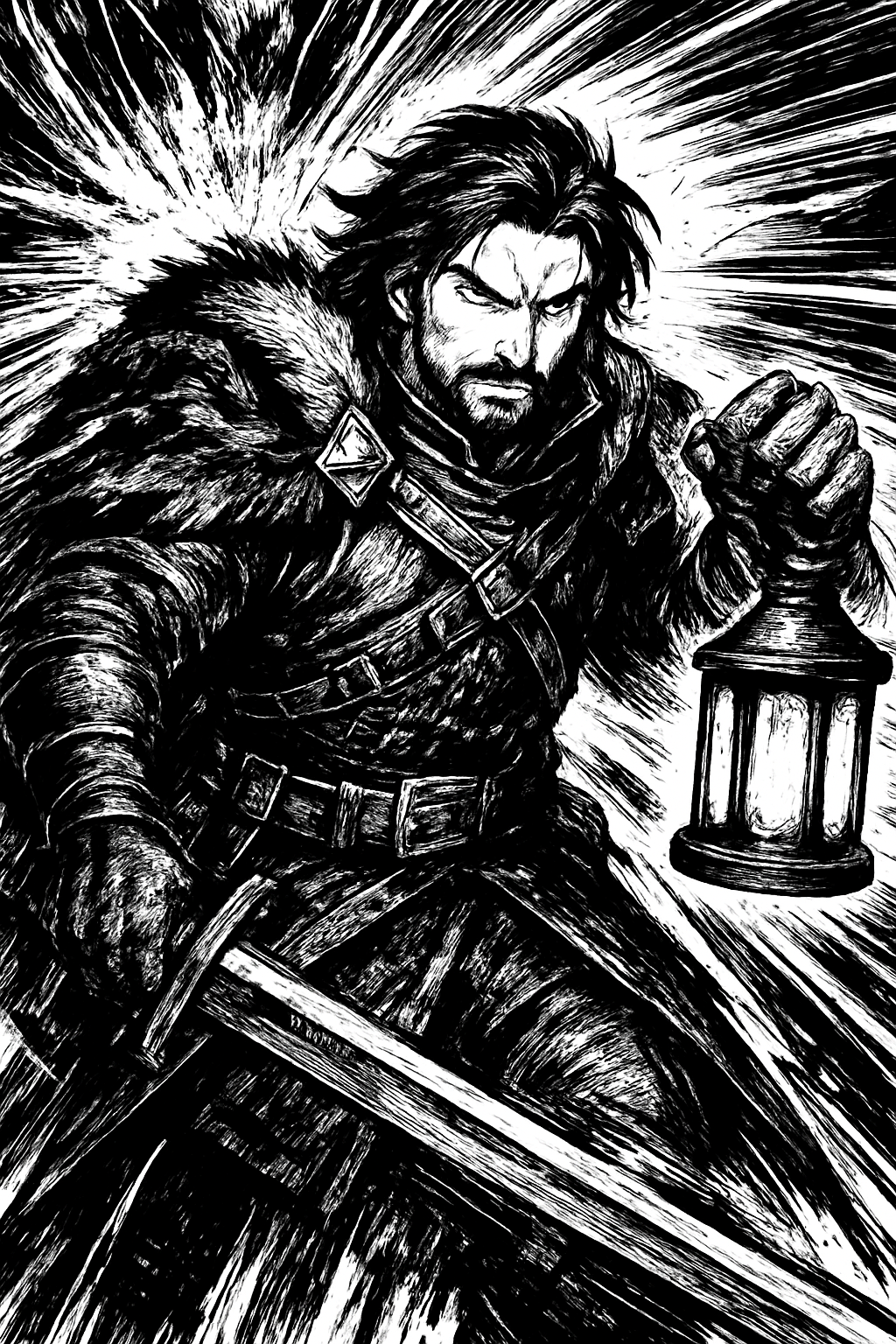 a painting of a man in armor holding a lantern