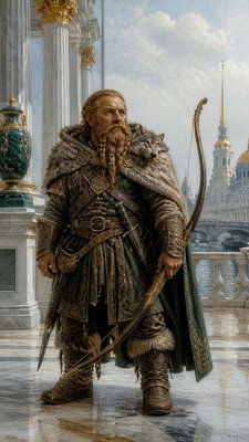 full-body original character: a dwarven ranger with a braided auburn beard, worn leather armor, a longbow and a wolf-pelt cloak, neutral background, no text