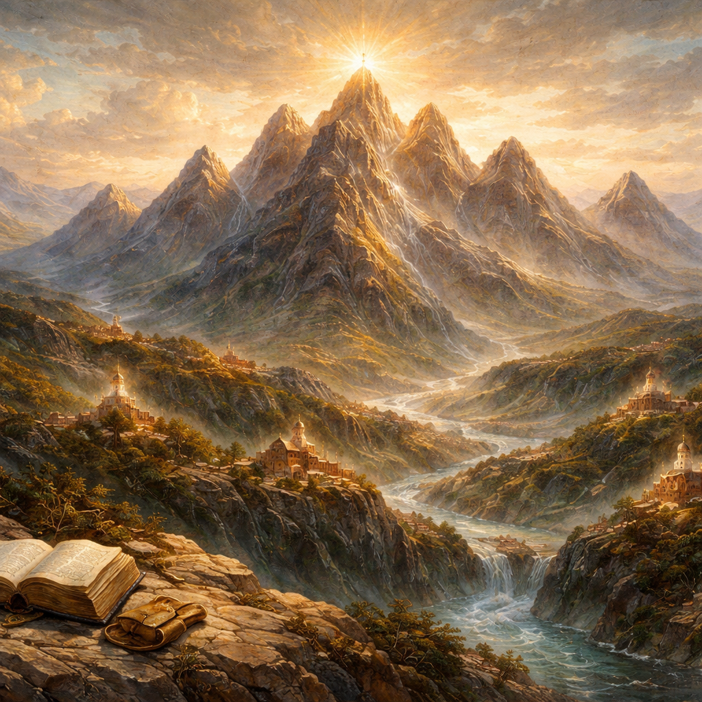 Create a mountain with Seven peaks and express without words “Saying, I am Alpha and Omega, the first and the last: and, What thou seest, write in a book, and send it unto the seven churches which are in Asia; unto Ephesus, and unto Smyrna, and unto Pergamos, and unto Thyatira, and unto Sardis, and unto Philadelphia, and unto Laodicea.” (Revelation 1:11, KJV)