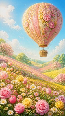 a hot air balloon drifting over rolling flower fields on a sunny day, cheerful, no text