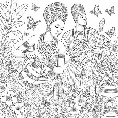 a garden scene with butterflies, flowers and a watering can, clean uncolored line art, no text