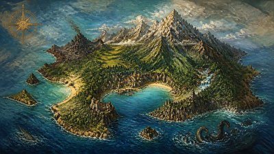 a map of an island realm with mountains, forests, a sheltered bay, sea monsters in the water and a compass rose, no text labels