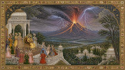 an erupting volcano with lightning strikes, dramatic wide composition, no text