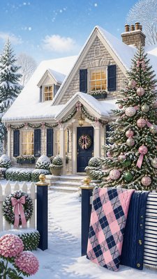 a snow-covered cottage with warm glowing windows beside a decorated pine tree, gentle snowfall, no text