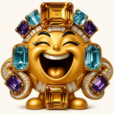 an exaggerated laughing face of an original round mascot character, bold and readable at small size, plain background, no text