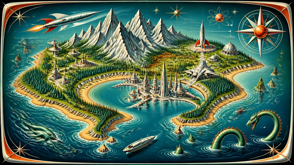 a map of an island realm with mountains, forests, a sheltered bay, sea monsters in the water and a compass rose, no text labels