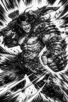 a black and white drawing of a man with a sword