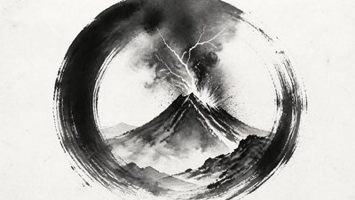 an erupting volcano with lightning strikes, dramatic wide composition, no text