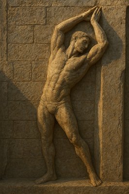 a statue of a man holding onto a pole
