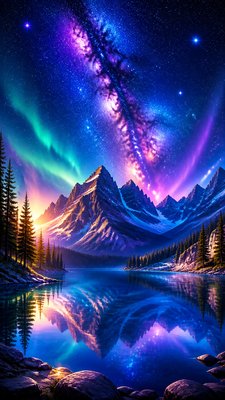 a tranquil mountain lake beneath a starry night sky, no people, no text