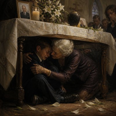 an eleven year old grandson dressed in a suit sits under a table in tears during a memorial service - his elderly aunt crawls under the table to hug him and reassure him that everything is ok