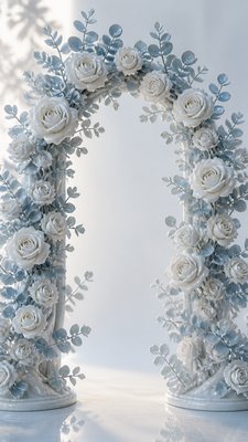 an arch of white roses and eucalyptus in soft morning light, elegant vertical composition with open space, no text