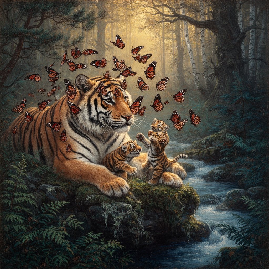 Nature Photography Style, Romantic Naturalism Painting, a breathtaking, incredibly detailed scene deep within the primeval forests of Russia's Amur-Ussuri region. A massive, powerful female Amur Tiger with thick, pale orange and dark striped fur rests on a moss-covered rocky outcrop, watching over her two playful cubs who are batting at the air. The scene is absolutely swarming with hundreds of Red Admiral butterflies (distinct black wings with vibrant orange-red bands and white spots). The butterflies form swirling clouds, landing gently on the tigers' fur, their noses, and the surrounding lush ferns and Korean pine branches. The forest floor is dense with undergrowth, lichen, and a clear, cold stream nearby. The lighting is dappled golden hour sunlight filtering through a canopy of birch and ancient oak trees, creating a magical, serene atmosphere. Focus on the texture of the thick tiger fur and the delicate wings of the butterflies.