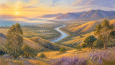 a vast valley with a river winding toward distant mountains at sunrise, no people, no text