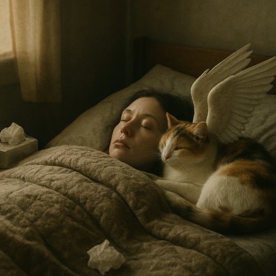 A candid, tender photograph of a person lying sick in a dimly lit, cozy bedroom, buried under a heavy quilt with only their pale face showing, eyes closed in sleep. Tissues and medicine bottles clutter a bedside table. Curled beside the person in bed is a fluffy calico cat that has a pair of feathered angel wings. The cat is asleep too. Soft, natural light streams from a window to the left. Film grain.