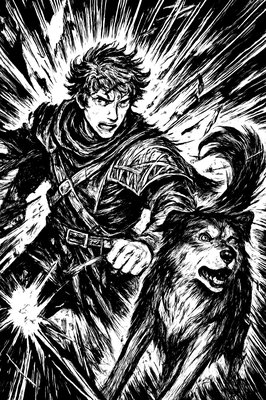 a black and white drawing of a man and a wolf