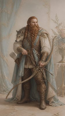 full-body original character: a dwarven ranger with a braided auburn beard, worn leather armor, a longbow and a wolf-pelt cloak, neutral background, no text