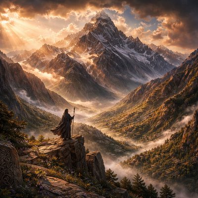 Epic majestic vista of the Shaho mountain range in western Iran's central Zagros Mountains, embodying the ancient name 'Mountain of the King' and 'Lord of the Realm,' towering rugged limestone peaks soaring over 3400 meters with snow-capped summits at Havi Khani peak reigning supreme like a royal throne, dramatic steep ridges and deep shadowed valleys stretching as vast domains under the ruler's gaze, lush green terraced slopes with ancient oak forests, wildflowers, and mist-shrouded gorges symbolizing fertile kingdoms below, golden hour sunlight at dawn breaking through clouds with divine volumetric god rays illuminating the peaks in regal amber and crimson hues, ethereal crown-like clouds encircling the highest summit, subtle ancient Persian/Kurdish royal motifs in the rock formations and distant stone villages resembling fortified citadels clinging to the foothills, a solitary majestic figure in flowing robes standing atop a prominent ridge like the eternal Lord of the Realm surveying his dominion, faint rainbow or auroral glow evoking timeless sovereignty, ultra-detailed, photorealistic cinematic masterpiece blending National Geographic realism with epic biblical/classical fantasy art in the style of Caspar David Friedrich, John Martin, and Rembrandt's dramatic lighting, high dynamic range, rich earthy regal tones of gold, deep green, and royal purple shadows, commanding and noble atmosphere of absolute authority over nature's realm