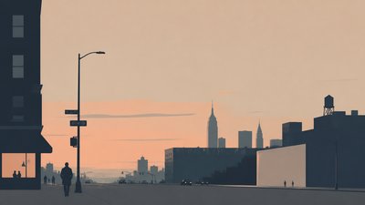 bustling city street panorama at dusk