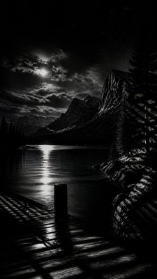 a tranquil mountain lake beneath a starry night sky, no people, no text