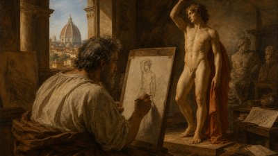 Michelangelo drawing a model posing as Apollo in his studio