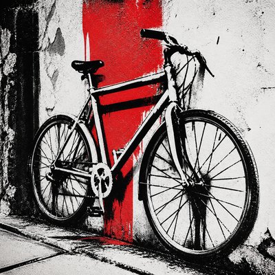 bicyle resting against a wall