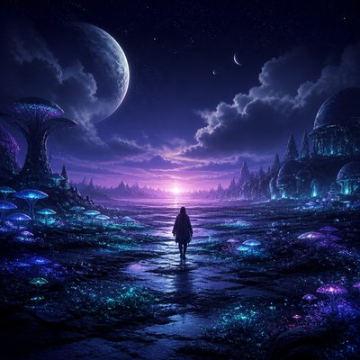 a solitary figure walking toward a glowing horizon across an empty plain, moody atmosphere, no text or lettering