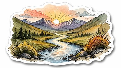 a vast valley with a river winding toward distant mountains at sunrise, no people, no text