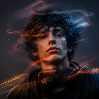 head-and-shoulders portrait of an original character: a young man with curly dark hair and headphones around his neck, plain backdrop, no text