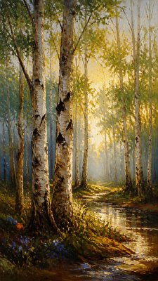 a serene birch forest in soft morning light, no people, no text