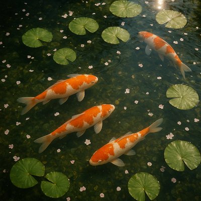 A koi pond seen from above, orange and white koi fish swimming among lily pads, clear water with subtle ripples, fallen cherry blossom petals floating on the surface, dappled sunlight