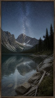 a tranquil mountain lake beneath a starry night sky, no people, no text