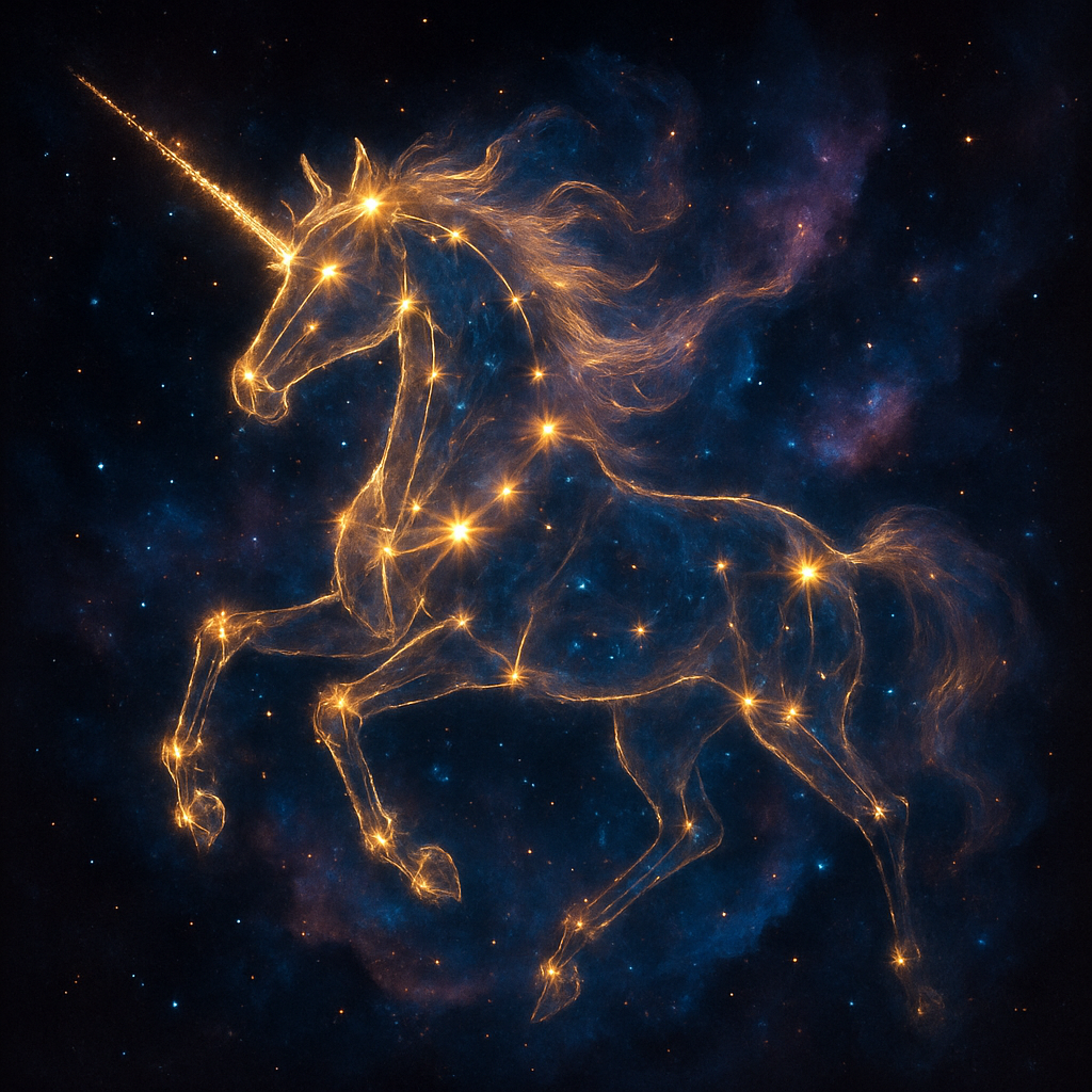 A vivid and artistic depiction of the Monoceros constellation as a majestic mythical unicorn, with its body, horn, mane, and legs formed by bright, glowing stars connected by ethereal golden lines to outline the shape. The unicorn appears dynamic and ethereal, galloping through the cosmos, surrounded by swirling clouds of colorful stardust, nebulae in shades of blue, purple, and pink, and scattered distant stars in a deep black space background. Render in a fantasy astronomy style, high detail, cosmic glow, and magical atmosphere.

