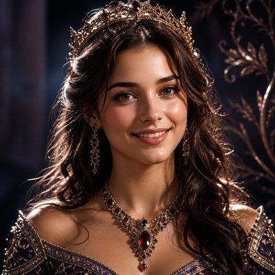 head-and-shoulders portrait of an original character: a young woman with wavy chestnut hair and a warm smile, plain soft backdrop