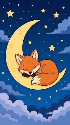 a sleeping baby fox curled on a crescent moon among soft stars, gentle and warm, no text
