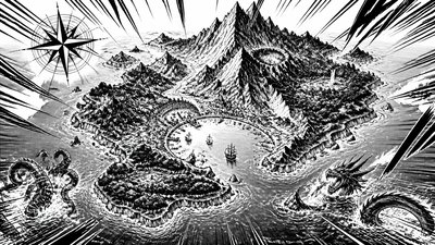 a map of an island realm with mountains, forests, a sheltered bay, sea monsters in the water and a compass rose, no text labels