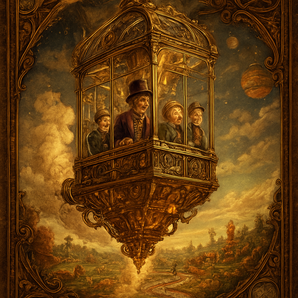An awe-inspiring and whimsical scene featuring Willy Wonka's Great Glass Wonkavator, soaring through the sky and beyond the confines of the chocolate factory. The Wonkavator itself is a magnificent, multi-directional glass elevator, transparent and sparkling, with Willy Wonka (wearing his iconic top hat, purple coat, and bowtie) and Charlie Bucket and Grandpa Joe inside, looking out with expressions of wonder and excitement. The interior is filled with intricate buttons and levers for controlling its magical flight.
The Wonkavator is depicted in mid-flight, perhaps bursting through the factory roof or ascending above the clouds. Below it, the fantastical landscape of the Chocolate Factory is visible – chocolate rivers, edible gardens, candy cane trees, and various whimsical buildings. Beyond the factory, a stunning, imaginative sky unfolds, perhaps with floating candy clouds, distant fantastical landmarks, or even glimpses of outer space and planets. The lighting is bright and magical, emphasizing the glass's transparency and the vibrant colors of the world below and beyond. The overall mood is one of boundless adventure, limitless possibilities, and pure, joyful fantasy."