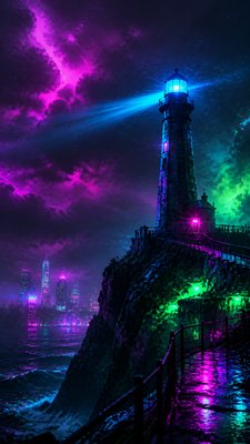 a lone lighthouse on a cliff at dusk under a dramatic sky, no text or lettering