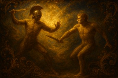 a painting of two men fighting with each other