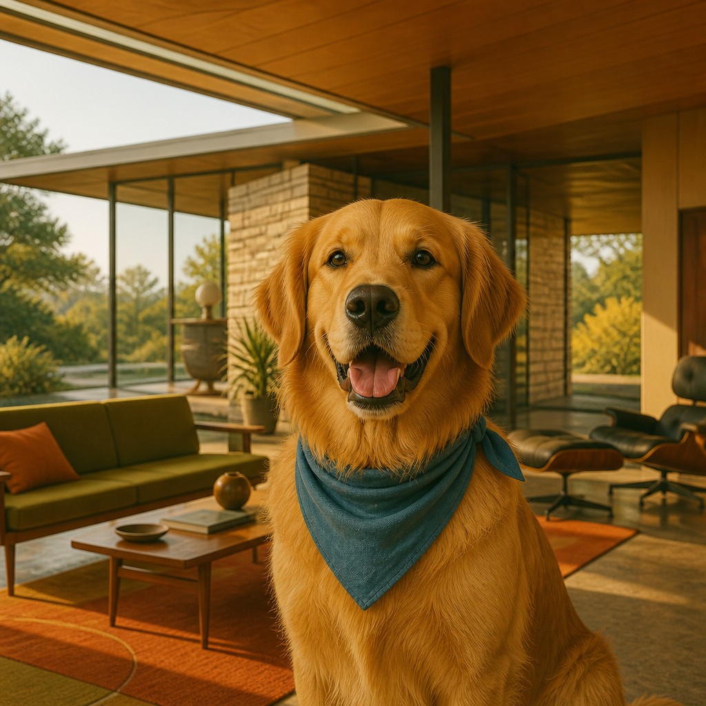 portrait of a golden retriever wearing a blue bandana, warm plain backdrop, no text